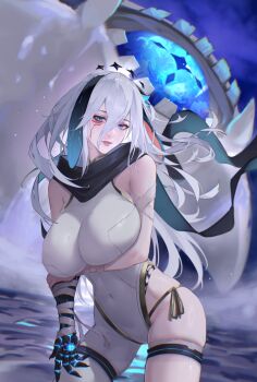 Rule 34 | 1girl, absurdres, animal ears, bandaged arm, bandages, bare shoulders, blue eyes, bodysuit, breasts, chaos zero nightmare, commentary, covered navel, highres, large breasts, long hair, looking at viewer, monster, narja (chaos zero nightmare), open mouth, pale skin, rumby, skin tight, sleeveless, sleeveless bodysuit, teeth, thigh strap, white bodysuit, white hair