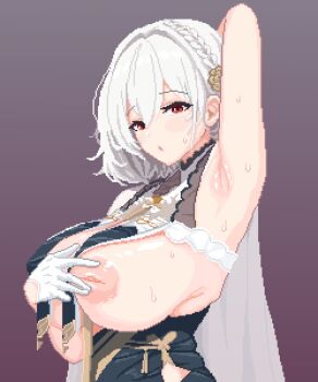 1girl 8tipixel arm_up armpits azur_lane breast_curtains breasts breasts_out commentary_request gloves highres huge_breasts inverted_nipples nipple_stimulation nipple_tweak pixel_art red_eyes revealing_clothes short_hair sideboob sirius_(azur_lane) sirius_(azure_horizons)_(azur_lane) sweat white_gloves white_hair