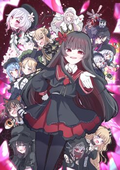 Rule 34 | :d, :o, ;d, animal ear headphones, animal ears, aqua eyes, bandaged arm, bandages, beret, black dress, black gloves, black hair, black hat, black hood, black mask, black pantyhose, blonde hair, blood, bloody weapon, blue hair, blue hairband, cat ear headphones, cat ears, crack, cracked glass, cross, cross earrings, crown, deerstalker, dress, ear piercing, earrings, empty eyes, everyone, evil smile, fake animal ears, flower, frilled dress, frills, giorgio (yo sumire sola1), gloves, goggles, goggles on headwear, gothic lolita, gradient hair, green eyes, grey eyes, hair flower, hair ornament, hair over one eye, hairband, hand on own face, hasumi leia, hat, headphones, heterochromia, highres, hikami meruru, holding, holding paintbrush, holding ribbon, housho margo, jewelry, jogasaki noah, kurobe nanoka, lolita fashion, lolita hairband, long hair, looking at viewer, mahou shoujo no majo saiban, mini hat, mini top hat, multicolored hair, natsume an-an, nikaido hiro, one eye closed, open mouth, orange eyes, outstretched hand, own hands clasped, own hands together, paintbrush, pantyhose, paper, parted lips, piercing, pink eyes, pink hair, purple eyes, red eyes, red flower, ribbon, rose, saeki miria, sakuraba ema, sash, sawatari coco, shaded face, sharp teeth, shito alisa, shoulder sash, smile, stained glass, sword, tachibana sherry, tearing up, teeth, tono hanna, top hat, veil, very long hair, weapon, white dress, white gloves, white hair, white veil, x hair ornament, yellow eyes, yellow flower, yellow rose