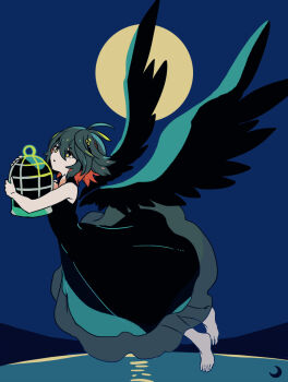 1girl barefoot bemani birdcage black_dress black_hair black_wings cage commentary commentary_request detached_wings dress english_commentary floating full_body full_moon hair_between_eyes highres holding holding_cage kagome_(pop&#039;n_music) lake looking_up mixed-language_commentary mizuki_tsukimori moon parted_lips pop&#039;n_music short_hair sleeveless sleeveless_dress solo wings yellow_eyes