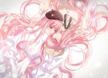 Rule 34 | 2girls, absurdres, beret, black bow, black bowtie, blunt bangs, bow, bowtie, brown eyes, brown hat, buttons, character request, chinese commentary, closed eyes, closed mouth, commentary request, commission, dress shirt, dual persona, expressionless, eyelashes, frilled sleeves, frills, fur scarf, gloves, hat, hat ornament, heart, heart hat ornament, highres, infinity nikki, light particles, lipstick, long hair, long sidelocks, long sleeves, lying, makeup, miracle nikki, moeansang, multiple girls, nikki (nikki), nikki (series), on back, pink hair, pink lips, pink shirt, plaid hat, pom pom (clothes), puffy long sleeves, puffy sleeves, scarf, shadow, shirt, sidelocks, three-quarter sleeves, upper body, upside-down, very long hair, wavy hair, white gloves, white scarf, white shirt, winter angel (miracle nikki)