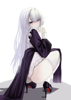 1girl absurdres ass blush frills from_behind hair_between_eyes hand_up he_yue high_heels highres long_hair looking_at_viewer looking_back nun original purple_eyes sidelocks simple_background sitting solo squatting thick_thighs thighhighs thighs white_background white_hair