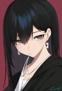 Rule 34 | 1girl, absurdres, black hair, black hoodie, brown eyes, earrings, hair behind ear, highres, hood, hoodie, jewelry, long hair, looking at viewer, necklace, necklace in mouth, original, red background, shirt, signature, silver necklace, solo, tsurime, white shirt, woonight, zipper