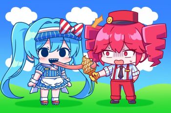 2girls apron arm_behind_back arms_at_sides black_eyes black_necktie black_shoes blue_dress blue_hair blue_hat blue_sky blush bow buttons chibi chibi_only cloud collared_dress collared_shirt double-breasted dress drill_hair flat_chest food full_body gloves grey_socks hair_between_eyes hat hat_bow hatsune_miku holding holding_ice_cream_cone ice_cream ice_cream_cone kaoling kasane_teto kepi long_hair long_tongue looking_at_another mesmerizer_(vocaloid) military_hat multiple_girls necktie open_mouth outstretched_arm pants pinstripe_dress pinstripe_hat pinstripe_pattern red_bow red_eyes red_hair red_hat red_pants sailor_collar scared shadow sharp_teeth shirt shoes short_sleeves skates sky sleeves_rolled_up smiley_hat_ornament socks standing striped_clothes striped_shirt striped_socks suspenders sweat sweatdrop teeth tongue twin_drills twintails two-tone_bow upper_teeth_only utau very_long_hair very_long_tongue vocaloid waist_apron white_apron white_bow white_sailor_collar white_socks white_wrist_cuffs wing_collar wrist_cuffs yellow_gloves