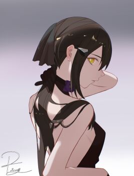 Rule 34 | 1girl, arm behind head, artist name, back, black choker, black dress, black hair, black lips, choker, closed mouth, commentary, dandelion (girls' frontline), dress, english commentary, flower choker, girls' frontline, girls' frontline 2: exilium, hair between eyes, hair ornament, hair ribbon, hairclip, highres, long hair, looking at viewer, off-shoulder dress, off shoulder, ribbon, sidelocks, simple background, solo, strapless, strapless dress, takaprince, upper body, yellow eyes