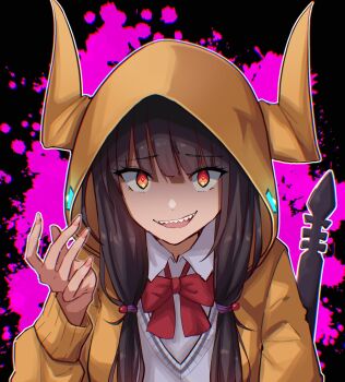 1girl asakura_karen_(heaven_burns_red) black_hair bow bowtie hashtag-only_commentary heaven_burns_red highres hood hooded_jacket jacket looking_at_viewer low_twintails red_bow red_bowtie red_eyes rrtp sharp_teeth teeth twintails