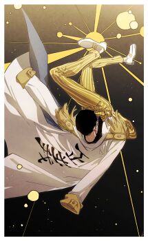 1boy 6cheetah absurdres border facial_hair formal_clothes full_body highres kicking kizaru_(one_piece) male_focus mature_male midair mustache_stubble one_piece pants photokinesis short_hair solo sparse_stubble star_(symbol) star_symbol_background stubble suit sunburst sunglasses turning_around white_border