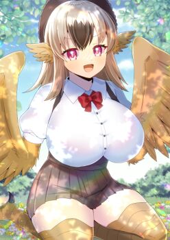 1girl bird_legs bow breasts brown_hair brown_wings commentary_request commission feathered_wings harpy huge_breasts kou_hiyoyo monster_girl multicolored_hair original shirt skeb_commission skirt solo winged_arms wings