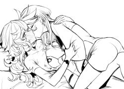 Rule 34 | 2girls, blush, closed eyes, clothes lift, commentary request, frottage, full-face blush, grabbing, grabbing another&#039;s breast, greyscale, gundam, gundam suisei no majo, hand on another&#039;s back, kiss, leg between thighs, long hair, long sleeves, miorine rembran, mitsu (tendou itsuki), monochrome, multiple girls, shirt lift, short sleeves, shorts, suletta mercury, sweat, thick eyebrows, yuri