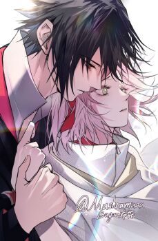 1boy 1girl akatsuki_uniform black_hair cloak collared_shirt green_eyes hair_between_eyes hairband haruno_sakura hetero holding_another's_wrist mushroomuaa naruto_(series) naruto_shippuuden parted_bangs parted_lips pink_hair red_eyes red_hairband shirt twitter_username uchiha_sasuke upper_body white_background white_cloak