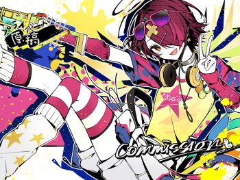 1girl :d ambience_synesthesia arknights arm_warmers asymmetrical_legwear character_name clothes_writing collar colored_skin commission exusiai_(arknights) eyewear_on_head feet_out_of_frame fy_fei_xiao_ya grey_collar hair_ornament hair_over_one_eye hairclip halo headphones headphones_around_neck kneehighs leg_warmers looking_at_viewer official_alternate_costume one_eye_covered open_mouth orange_eyes outline pink-framed_eyewear pink_arm_warmers pink_hair pink_socks pink_thighhighs print_leg_warmers purple-tinted_eyewear shirt short_hair short_sleeves shorts single_kneehigh single_sock single_thighhigh smile socks solo star_(symbol) star_print striped_clothes striped_thighhighs t-shirt thighhighs tinted_eyewear traditional_halo uneven_legwear v watermark white_leg_warmers white_outline white_shorts white_skin white_thighhighs x_hair_ornament yellow_halo yellow_shirt