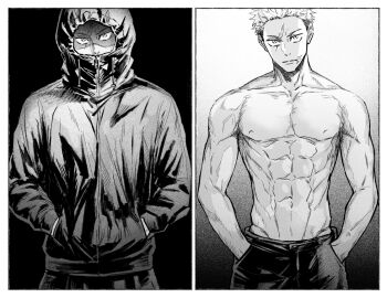 Rule 34 | 1boy, abs, border, collarbone, commentary request, greyscale, hands in pockets, hood, hood up, hoodie, itadori yuuji, jujutsu kaisen, jujutsu kaisen modulo, looking at viewer, male focus, monochrome, multiple views, navel, nay bb, nipples, pants, pectorals, scar, scar on face, scar on forehead, scar on mouth, short hair, simple background, standing, toned, toned male, topless male, undercut, white border