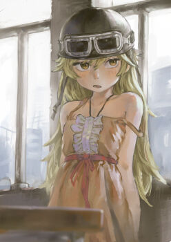 1girl absurdres baka_airon bakemonogatari bare_arms bare_shoulders blonde_hair blush center_frills commentary cowboy_shot dress flat_chest frills goggles goggles_on_headwear hair_between_eyes helmet highres indoors long_hair looking_at_viewer monogatari_(series) open_mouth oshino_shinobu pink_dress sleeveless sleeveless_dress solo standing strap_slip very_long_hair window yellow_eyes