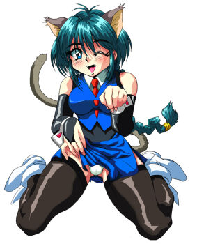 Rule 34 | 1girl, animal ears, aqua eyes, black thighhighs, blue eyes, blush, braid, bridal gauntlets, cat ears, cat tail, clothes lift, eyeball (artist), fangs, female focus, full body, gluteal fold, hyper police, long hair, looking at viewer, low-tied long hair, necktie, one eye closed, open mouth, panties, sasahara natsuki (hyper police), side slit, simple background, single braid, sitting, skirt, skirt lift, solo, tail, thighhighs, underwear, wariza, white background, white footwear, white panties, wings, wrist cuffs