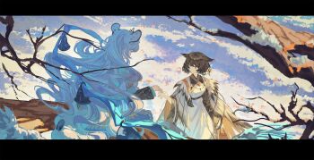 Rule 34 | 2girls, arknights, bell, black hair, blue eyes, blue hair, blue shawl, branch, chinese commentary, commentary request, day, dress, feathers, from above, highres, jewelry, kjera (arknights), letterboxed, long hair, long sleeves, looking at another, multicolored hair, multiple girls, necklace, outdoors, pramanix (arknights), pramanix the prerita (arknights), robe, shawl, short hair, smile, snow, snow leopard ears, snow leopard girl, standing, tree, very long hair, white dress, white hair, winter, yang lizi