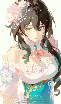 Rule 34 | 1girl, absurdres, aqua dress, aqua eyes, aqua streaks, breasts, brown hair, closed mouth, curly hair, dress, flower, flower ornament, hair intakes, hashtag-only commentary, highres, honkai: star rail, honkai (series), medium breasts, minzu u, multicolored hair, official alternate costume, ruan mei (honkai: star rail), ruan mei (plumblossom letter) (honkai: star rail), smile, solo, streaked hair, two-tone dress, upper body, white flower