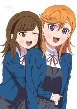 2girls :d absurdres animification blue_jacket breasts brown_eyes brown_hair collared_shirt commentary_request date_sayuri dress dress_shirt grey_dress highres hug hug_from_behind jacket long_hair love_live! love_live!_superstar!! medium_breasts medium_hair multiple_girls neck_ribbon noyu_z open_clothes open_jacket open_mouth orange_hair pinafore_dress purple_eyes raised_inner_eyebrows real_life red_ribbon ribbon school_uniform shibuya_kanon shirt signature simple_background sleeveless sleeveless_dress smile voice_actor voice_actor_connection white_background white_shirt winter_uniform yuigaoka_school_uniform