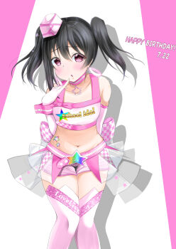 Rule 34 | 1girl, 8107ka, :o, absurdres, arm behind back, artist name, artist request, asakawa (8107ka), back bow, bare shoulders, belt, black hair, blush, bow, breasts, checkered bow, checkered clothes, checkered pants, clothes writing, collarbone, dated, earrings, female focus, hair between eyes, hair bow, hat, highres, jewelry, knees together feet apart, looking at viewer, love live!, love live! school idol festival, love live! school idol festival after school activity, love live! school idol project, mini hat, necklace, pants, parted lips, pink background, pink belt, pink detached collar, pink hat, pink shirt, pink skirt, pink thighhighs, red eyes, shirt, short hair, short shorts, shorts, simple background, skirt, small breasts, smile, solo, standing, star (symbol), star necklace, thighhighs, twintails, white background, white thighhighs, yazawa nico