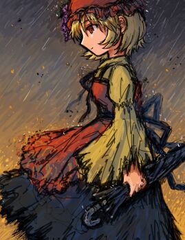 Rule 34 | 1girl, aki minoriko, apron, blonde hair, commentary request, dade ne, highres, looking to the side, medium hair, one-hour drawing challenge, rain, red apron, red eyes, shirt, solo, touhou, yellow shirt