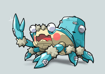 Rule 34 | alternate color, blush, blush stickers, commentary request, full body, ghost in the shell, glint, grey background, klawf, mudamudamuda, nintendo, non-humanoid robot, open mouth, pincers, pokemon, pokemon (creature), pokemon focus, pokemon sv, robot, shiny pokemon, simple background, solo, tachikoma