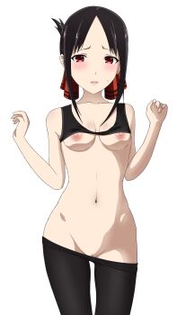 1girl belly black_hair blush cleft_of_venus coro_fae crop_top folded_ponytail hair_ornament hand_up highres hip_bones kaguya-sama_wa_kokurasetai_~tensai-tachi_no_renai_zunousen~ leggings long_hair looking_at_viewer navel nipples nude open_mouth pussy pussy_cutout pussy_peek red_eyes ribbon shinomiya_kaguya white_background