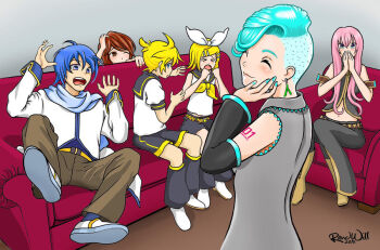 >_< 2boys 4girls alternate_hair_length alternate_hairstyle aqua_hair aqua_nails arm_tattoo armchair belt blonde_hair blue_eyes blue_hair blue_socks blush boots brown_boots brown_eyes brown_hair brown_pants chair character_request check_character closed_eyes closed_mouth collared_shirt commentary couch covering_own_mouth crying dated detached_sleeves earrings english_commentary eyelashes fingernails grey_leg_warmers grey_pants grey_sailor_collar grey_shirt grey_shorts hair_ornament hair_ribbon hairclip hand_on_own_face hand_on_own_head hands_up hatsune_miku indoors jacket jewelry kagamine_len kagamine_rin kaito_(vocaloid) leg_warmers lips long_hair long_sleeves megurine_luka meiko_(vocaloid) midriff multiple_boys multiple_girls nail_polish navel neckerchief number_tattoo on_couch one_eye_closed pants pink_hair randy_williams ribbon sailor_collar shirt shoes short_hair short_sleeves shorts signature sitting smile socks spring_onion_earrings surprised tattoo tears teeth undercut upper_teeth_only very_short_hair vocaloid white_jacket white_ribbon white_shirt white_shoes yellow_belt yellow_neckerchief