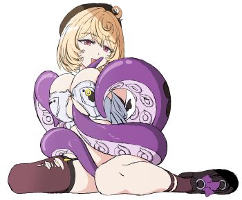 1girl beret black_hat black_shoes black_streaks black_thighhighs blonde_hair hat highres licking licking_tentacle looking_at_viewer mole mole_under_eye mugi0913 multicolored_hair red_eyes shoes shorts solo streaked_hair tentacle_between_breasts tentacle_girl tentacle_tail tentacles thighhighs tongue tongue_out torn_clothes torn_thighhighs white_shorts yidhari_murphy zenless_zone_zero