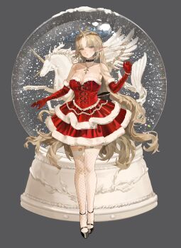 1girl bare_shoulders black_collar black_shoes blonde_hair blue_eyes blue_hair breasts bxlm08 center_opening christmas collar crown_of_thorns dress earrings fleurdelys_(wuthering_waves) floating_earrings hashtag-only_commentary highres horns imperator_(wuthering_waves) jewelry large_breasts legs long_hair looking_at_viewer pointy_ears santa_costume santa_dress shoes single_horn snow_globe unicorn very_long_hair wings wuthering_waves