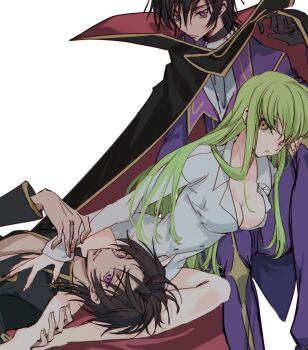 1girl 2boys black_hair breasts c.c. code_geass creayus green_hair lelouch_vi_britannia medium_breasts multiple_boys no_bra purple_eyes shirt sideboob white_shirt