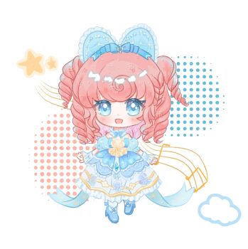 1girl argyle_bonnet bare_shoulders blue_arm_warmers blue_bonnet blue_bow blue_bowtie blue_dress blue_eyes blue_shoes blue_sleeves bonnet bow bow_choker bowtie braid character_print chibi chinese_commentary choker classic_lolita cloud commentary_request commission crossed_legs curly_hair detached_sleeves dot_nose dress drill_hair eyelashes faewish_sprite floral_print footwear_bow fortissimo frilled_arm_warmers frilled_choker frilled_dress frilled_headwear frilled_sleeves frills hair_bow hair_ornament halftone happy heart-shaped_bonnet high_heels highres infinity_nikki light_blush lolita_fashion looking_at_viewer medium_dress musical_note musical_note_hair_ornament musical_staff nikki_(series) open_mouth orange_hair pantyhose print_dress puffy_short_sleeves puffy_sleeves ringlets sample_watermark see-through_clothes see-through_dress shoes short_sleeves side_braid single_braid smile solo star_(symbol) tiantairong timeless_melody_(infinity_nikki) twin_drills two_side_up watermark watermark_grid white_background white_choker white_pantyhose