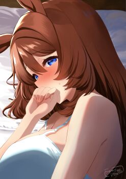 1girl absurdres animal_ears bare_shoulders blue_eyes blush breasts brown_hair commentary_request covering_own_mouth hair_between_eyes hand_over_own_mouth heart highres horse_ears horse_girl large_breasts long_hair lying narumi_yuzurai on_back solo super_creek_(umamusume) tank_top textless_version umamusume white_tank_top