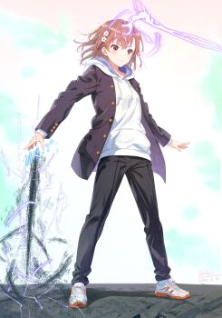 1girl a_certain_high_school_uniform alternate_costume black_jacket black_pants brown_eyes brown_hair cosplay crossdressing crossdressing_(ftm) electricity electrokinesis eritri full_body gakuran hair_ornament hairpin highres hood hoodie jacket jacket_over_hoodie kamijou_touma kamijou_touma_(cosplay) long_sleeves magnetism medium_hair metal_sand misaka_mikoto open_clothes open_jacket pants school_uniform shoes simple_background sneakers solo standing toaru_majutsu_no_index toaru_majutsu_no_index:_new_testament variant_set white_background white_hoodie white_shoes