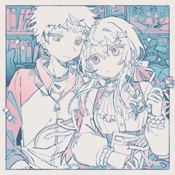 Rule 34 | 1girl, bow, breasts, couple, dress, emiya shirou, eye contact, fate/stay night, fate (series), gaoyue jixiang, groom, hair bow, highres, looking at another, momomiya shizuku (gaoyue jixiang), oc x canon, original, pastels, raglan sleeves, ribbon, white bow, yumejoshi