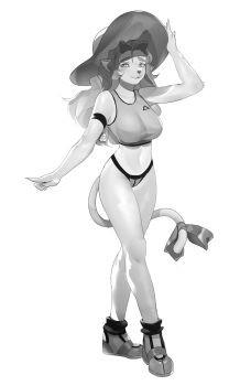 1girl absurdres animal_ears armband bell bikini bikini_bottom_only boots bow breasts cat_ears cat_tail commentary commission english_commentary full_body furry furry_female greyscale hat highres large_breasts linea_alba lumpychan monochrome original snout solo sports_bra sun_hat swimsuit tail tail_bow tail_ornament