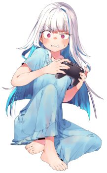 1girl barefoot blue_hair blue_pajamas blunt_bangs blush breasts collarbone colored_inner_hair controller feet frills full_body game_controller grey_hair highres holding holding_controller holding_game_controller knee_up lize_helesta multicolored_hair nijisanji pajamas red_eyes short_sleeves simple_background sitting sleepwear small_breasts solo streaked_hair sukuna136 toenails toes uneven_eyes v-shaped_eyebrows virtual_youtuber white_background