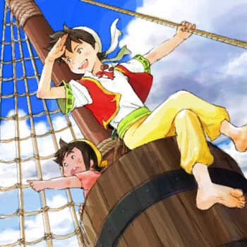 2boys ali_(sinbad_(nippon_animation)) animal animal_in_clothes arm_up bandana barefoot black_eyes black_hair blue_sky buck_teeth cloud commentary_request crossed_legs crow's_nest dutch_angle feet lowres male_focus mimi_(sinbad_(nippon_animation)) monkey multiple_boys open_clothes open_mouth open_vest outdoors pants pink_shirt pirate pointing ratline red_vest sakai_yume shirt short_hair short_sleeves sinbad_(nippon_animation) sinbad_(sinbad_(nippon_animation)) sitting sky smile teeth upper_teeth_only vest white_bandana white_shirt yellow_bandana yellow_pants