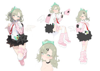 1girl absurdres bandaid bandaid_hair_ornament bare_shoulders black_skirt blue_eyes blush breasts chinatsu_remiel cleavage closed_mouth collar fur-trimmed_skirt fur_trim green_eyes green_hair hair_ornament highres holding holding_megaphone leg_warmers long_hair looking_at_viewer lumo_1121 megaphone multicolored_eyes multiple_hair_clips multiple_thigh_straps multiple_views necktie open_mouth pink_arm_warmers pink_bag pink_leg_warmers pink_shoes red_necktie shirt shoes simple_background single_thighhigh sitting skirt striped_arm_warmers striped_leg_warmers thigh_strap thighhighs too_many_bows white_background white_shirt white_thighhighs white_wings winged_bag wings zenless_zone_zero