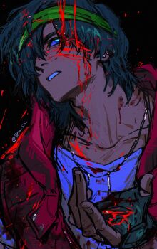 Rule 34 | 1boy, arm up, biker (hotline miami), black background, black gloves, blood, blood on clothes, blood on face, blood splatter, blue eyes, blue hair, clenched teeth, commentary, dutch angle, earrings, english commentary, fingerless gloves, gloves, green headband, headband, highres, hood, hooded jacket, hotline miami, jacket, jewelry, looking up, male focus, necklace, parted bangs, piercing, red jacket, shirt, sleeveless, sleeveless jacket, solo, tatsu (tatsumccree), teeth, twitter username, upper body, white shirt