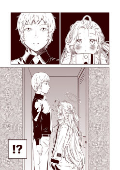 !? 1boy 1girl blue_archive blush bow braid collared_shirt comic commentary_request forehead hair_bow hair_ribbon halo height_difference highres in_locker jacket kouji_(campus_life) long_hair long_sleeves looking_at_another monochrome necktie pants parted_bangs ribbon sensei_(blue_archive) sepia shirt sidelocks silent_comic single_braid surprised yuzu_(blue_archive)