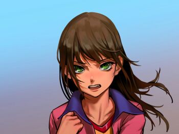 Rule 34 | 1girl, as109, brown hair, collarbone, female focus, gradient background, green eyes, lips, looking at viewer, shoujo to ura roji, solo