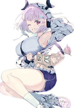 1girl ankle_socks breasts commentary_request gridman_universe grin hair_ornament hairclip highres hood hoodie imawa_naki large_breasts one_eye_closed pink_eyes pink_hair purple_shorts shinjou_akane shoes short_hair shorts smile sneakers socks ssss.gridman twitter_username white_background white_hoodie white_socks