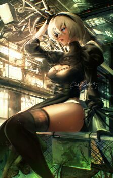 1girl 2b_(nier:automata) absurdres black_dress black_hairband black_thighhighs boots cindy_(cindyart) clothing_cutout dress factory feather-trimmed_sleeves hair_between_eyes hairband highres juliet_sleeves leotard lips long_sleeves looking_at_viewer mole mole_under_mouth nier:automata nier_(series) no_blindfold pod_(nier:automata) puffy_sleeves short_hair signature sitting solo thighhighs thighhighs_under_boots virtuous_contract watermark web_address white_hair white_leotard
