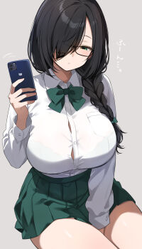 1girl absurdres black-framed_eyewear bow bowtie bra_visible_through_clothes breasts button_gap cellphone commentary_request glasses green_bow green_bowtie green_eyes green_skirt grey_background hair_over_one_eye highres holding holding_phone large_breasts long_sleeves looking_at_viewer original phone simple_background sitting skirt solo thighs translation_request twitter_username urabanasimati