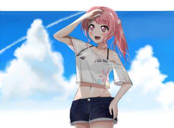 1girl :d alternate_hairstyle bang_dream! bare_shoulders bikini bikini_top_only black_bikini blue_sky blush braid cloud collarbone cowboy_shot day denim denim_shorts floral_print groin hair_between_eyes hair_ribbon hand_on_own_hip highres long_hair looking_up maruyama_aya midriff navel off-shoulder_shirt off_shoulder open_mouth pink_eyes pink_hair ponytail revision ribbon see-through_clothes shadow shirt short_shorts short_sleeves shorts sidelocks sky smile solo standing sweat swimsuit teeth upper_teeth_only wet wet_clothes wet_shirt white_ribbon white_shirt yeongming