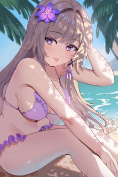 Rule 34 | 1girl, :p, absurdres, bikini, blush, breasts, brown hair, closed mouth, commentary request, day, feet out of frame, flower, hair flower, hair intakes, hair ornament, hair ribbon, herta (honkai: star rail), highres, honkai: star rail, honkai (series), large breasts, long hair, looking at viewer, outdoors, purple bikini, purple eyes, purple flower, rererere mon, ribbon, sitting, solo, swimsuit, tongue, tongue out