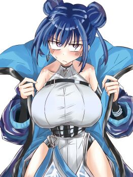1girl blue-tinted_eyewear blue_hair blush breasts chest_belt cropped_vest double_bun duel_monster evil_twin_lil-la gloves hair_bun highres irutann jacket large_breasts leotard lil-la_(yu-gi-oh!) looking_at_viewer short_hair tinted_eyewear vest white_leotard yu-gi-oh! yu-gi-oh!_master_duel