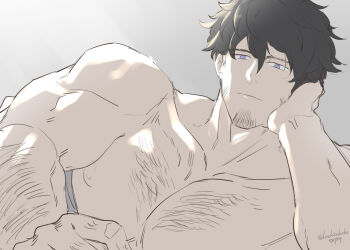 1boy arm_hair arm_support blue_eyes brown_hair chest_hair facial_hair gradient_background kanzaki_kaito kanzaki_kyoudai_no_nichijou locksuke looking_at_viewer male_focus morning muscular muscular_male nipples on_bed pillow pov pov_across_bed topless_male under_covers