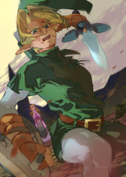1boy 1girl armor artist_name battle belt belt_buckle blonde_hair blue_eyes brown_belt brown_gloves buckle dress earrings elbow_gloves furrowed_brow gloves green_hat green_tunic hat highres holding holding_shield holding_sword holding_weapon jewelry link long_dress long_hair master_sword nintendo open_mouth own_hands_clasped own_hands_together pants parted_bangs phrygian_cap pink_dress pink_gloves pointy_ears pramai_(lim) princess_zelda shield shirt short_hair shoulder_armor sweatdrop sword the_legend_of_zelda the_legend_of_zelda:_ocarina_of_time tunic weapon white_pants white_shirt