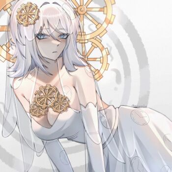 1girl blue_eyes blush breasts bridal_veil cleavage closed_mouth commentary dress e.g.o_(project_moon) english_commentary everlasting_(e.g.o) faust_(project_moon) gears hair_between_eyes highres large_breasts limbus_company looking_at_viewer medium_hair miruraisu print_dress project_moon solo standing upper_body veil wavy_mouth wedding_dress white_background white_hair