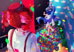 Rule 34 | 2girls, arm up, black eyes, blue dress, blue hair, bow, confetti, dress, drill hair, fourth wall, gloves, hair bow, hat, hatsune miku, highres, jin-dam, kasane teto, long hair, mesmerizer (vocaloid), multiple girls, pink hair, pink hat, puffy short sleeves, puffy sleeves, roller skates, shirt, short sleeves, skates, standing, standing on one leg, striped bow, suspenders, twin drills, twintails, utau, very long hair, vocaloid, waitress, white shirt, yellow gloves, youtube